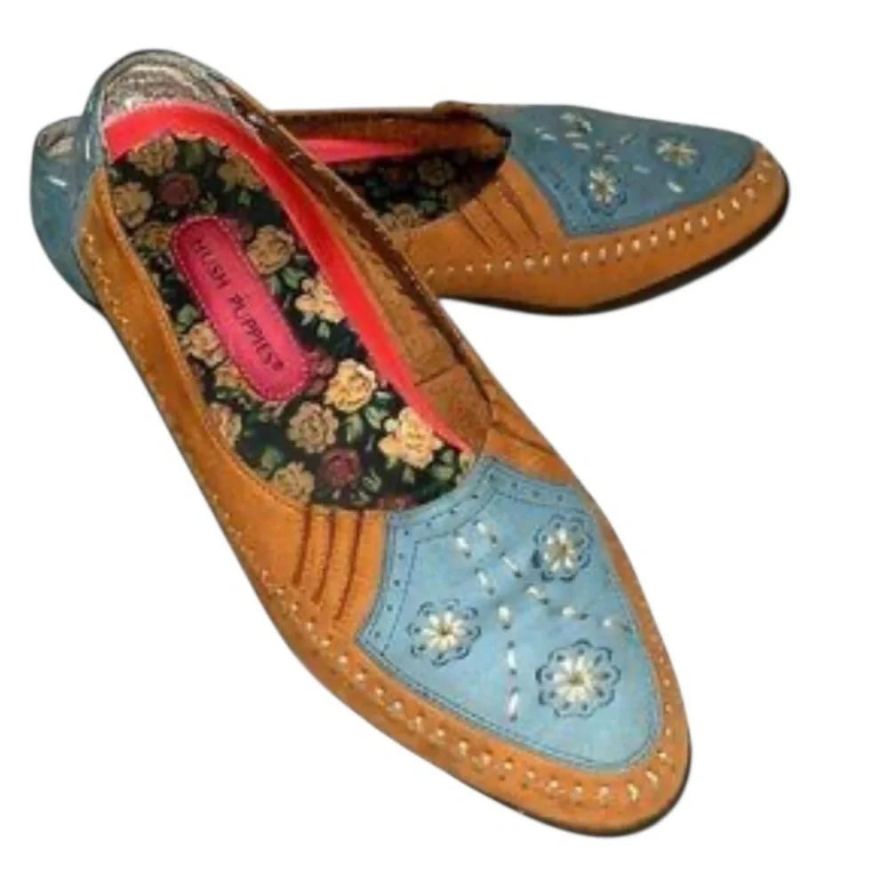 Hush Puppies Women’s Bailey Sip On Leather Loafers Size 7.5N Brown Blue Comfy